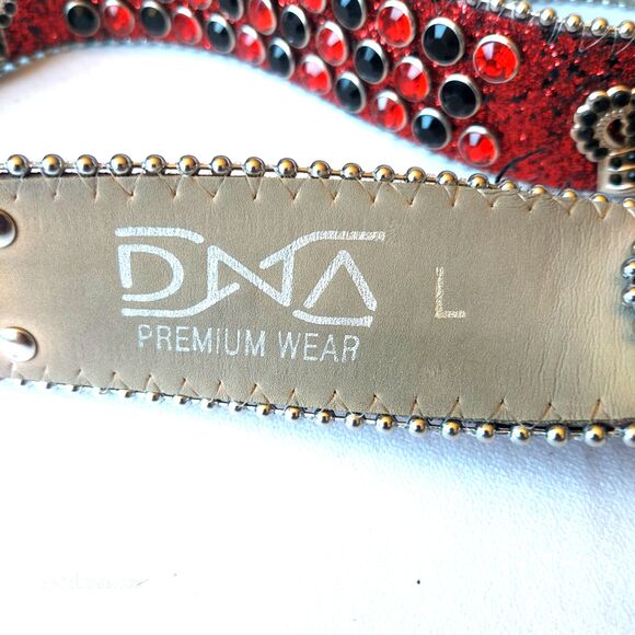 DNA PREMIUM WEAR WESTERN BELT RED BLACK RHINESTONE SILVER & GLITTER ACCENTS 43\